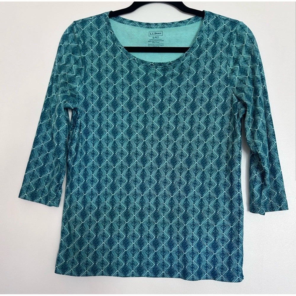 L.‎ L. Bean Women's Green Geometric Print Crew Neck 3/4 Sleeve, Sz S-P Casual